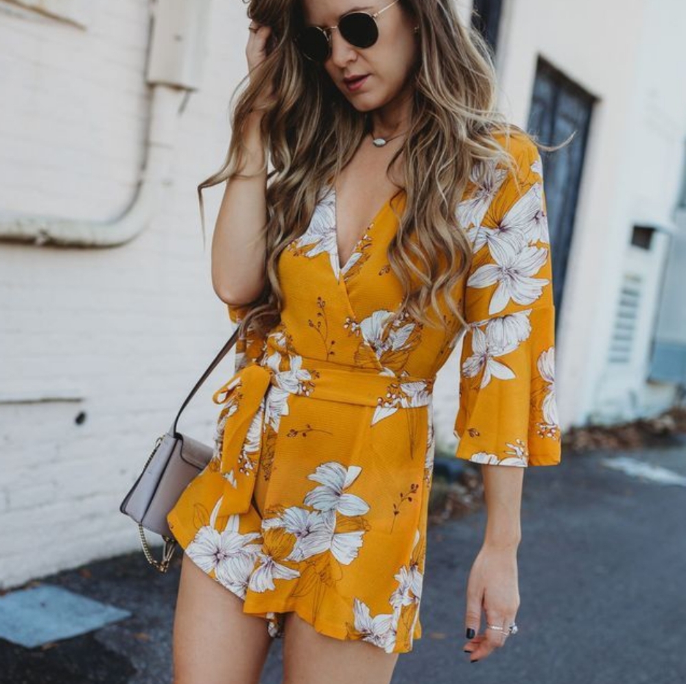 Floral Yellow Wrap Jumpsuit